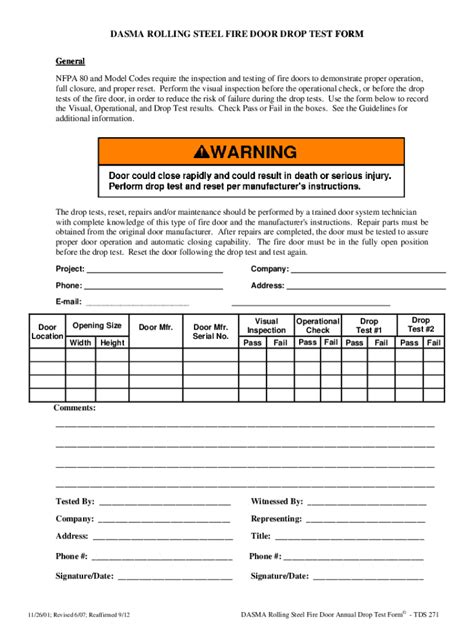 rolling steel fire door drop test form|nfpa 80 fire door drop testing.